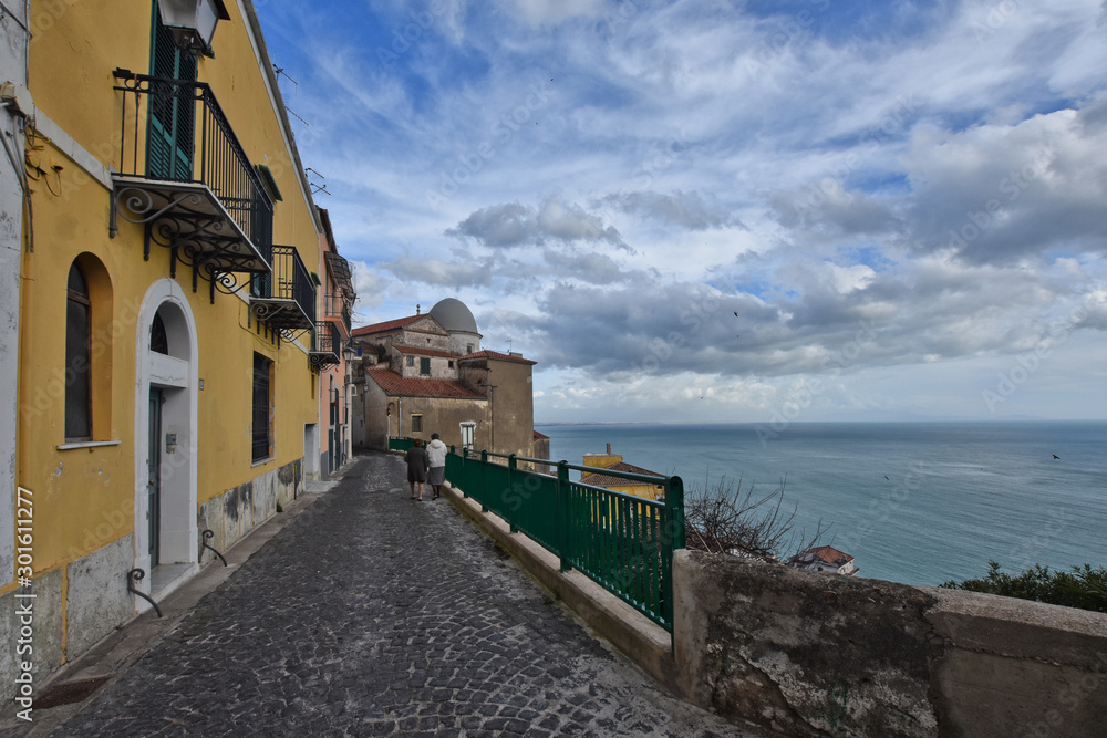 Amalfi coast, Italy, 03/13/2018. Panoramic view of a coastal village during the winter