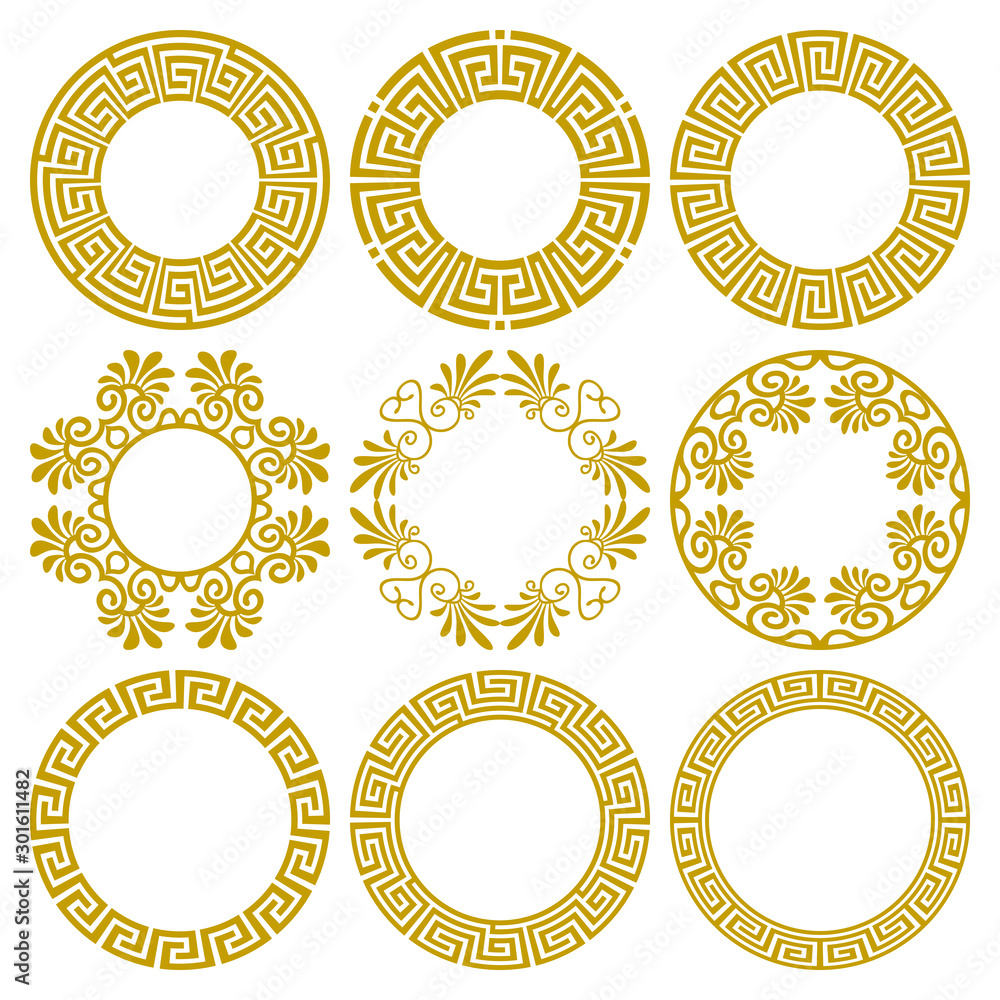 Circle borders with golden greek meander pattern Circle borders with golden greek meander pattern