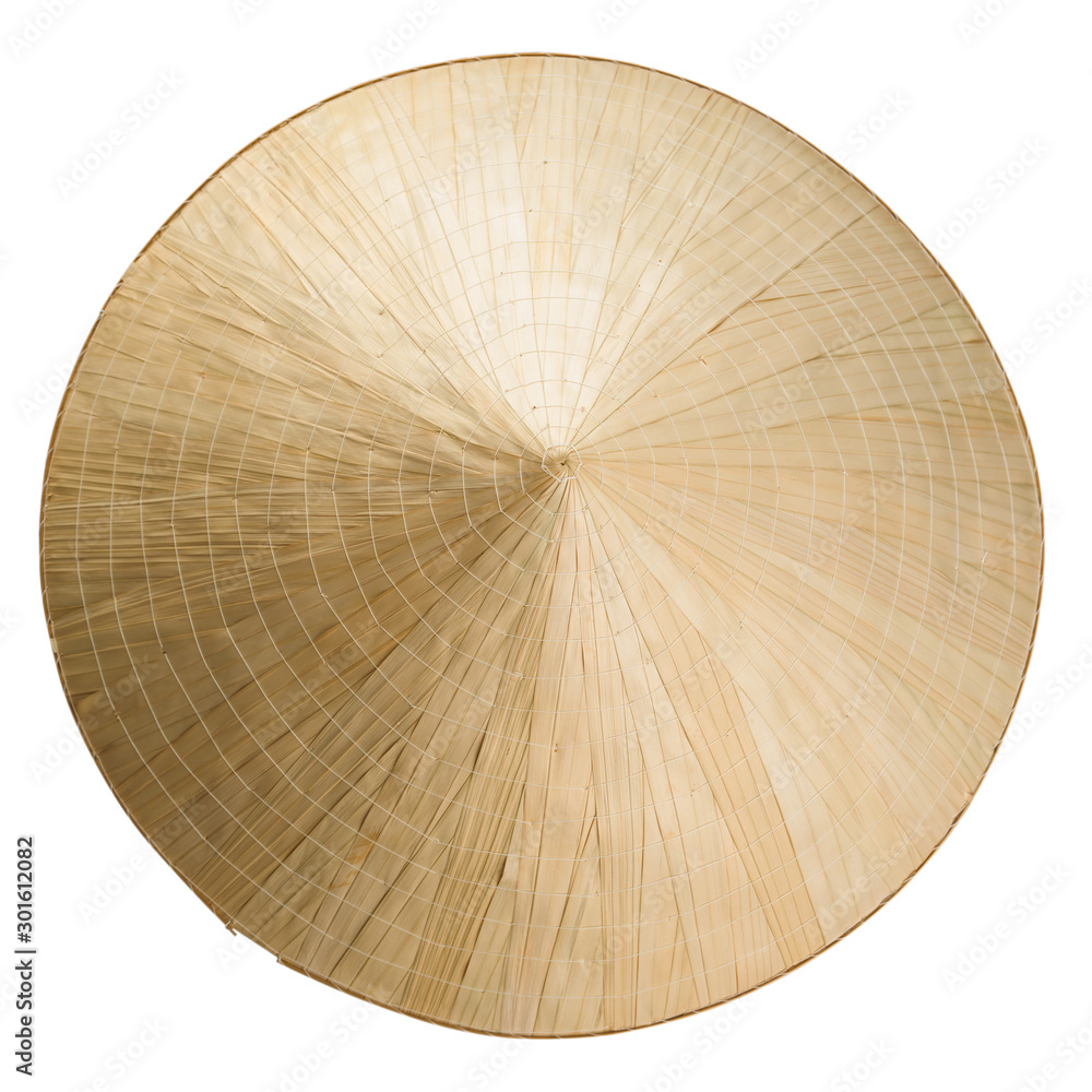 Fototapeta premium Asian cone straw hat isolated on white. Top view. 