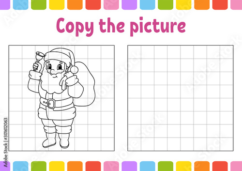 Copy the picture. Coloring book pages for kids. Education developing worksheet. Game for children. Handwriting practice. Funny character. Cute cartoon vector illustration.