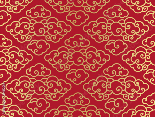 Chinese clouds traditional seamless background.Red and gold color. - Vector.