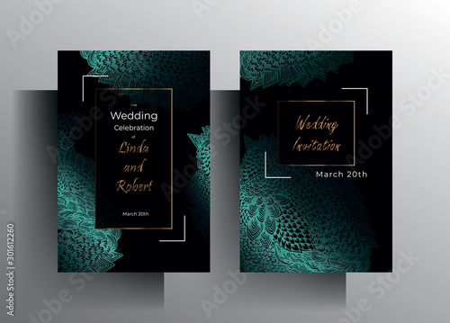Design template wedding invitation card set. Hand drawn textured turquoise graphic elements and gold letters on a black background. Vector 10 EPS.
