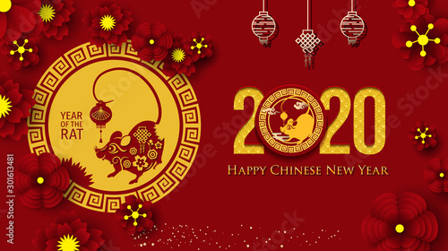 2020 Chinese New Year Greeting Card. Year of the Rat. Chinese New-Year. Paper cut with Rat and Flowers. gong xi fa cai 2020. Hieroglyph - Zodiac Sign Rat. Place for your Text.