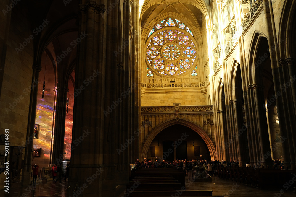 Prague, interior and stained glass windows of St. Vitus Cathedral