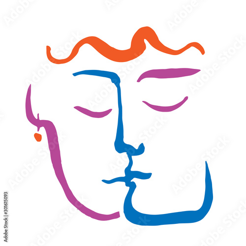 Lovers, valentines, couple, kiss. Vector minimalism line illustration isolated on white background. Hand drawn delicate romantic Scandinavian style concept for poster, postcard, textile, book cover.