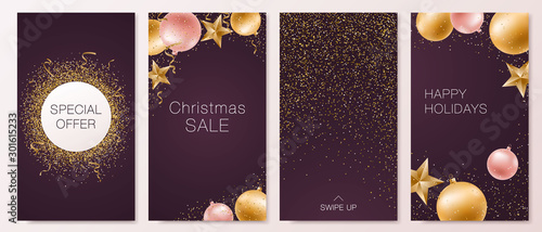 Set of modern templates for social media advertising. Christmas vertical backgrounds design. Festive banners with golden glitter and baubles.
