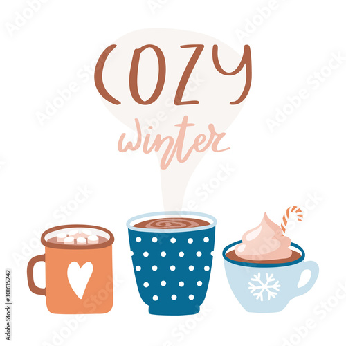 Merry Christmas greeting card. Cute cups with hot cocoa. Cozy winter lettering. Vector illustration.
