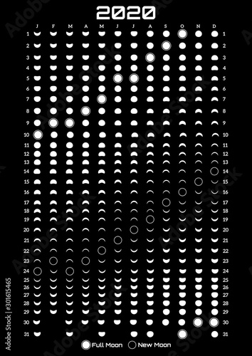 Printable template with lunar calendar on a black background