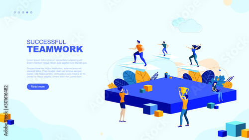 Trendy flat illustration. Successful teamwork page concept. Office workers planing business mechanism  analyze business strategy and exchange ideas.Template for your design works. Vector graphics.