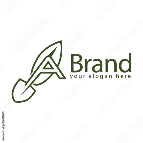 Letter A leaf with shovel logo template., flat design. letter A. Vector Illustration on white background	