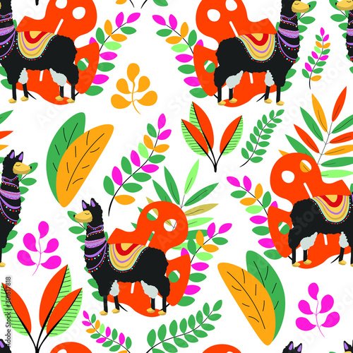 seamless pattern with lama, alpaca, floral, botanical 