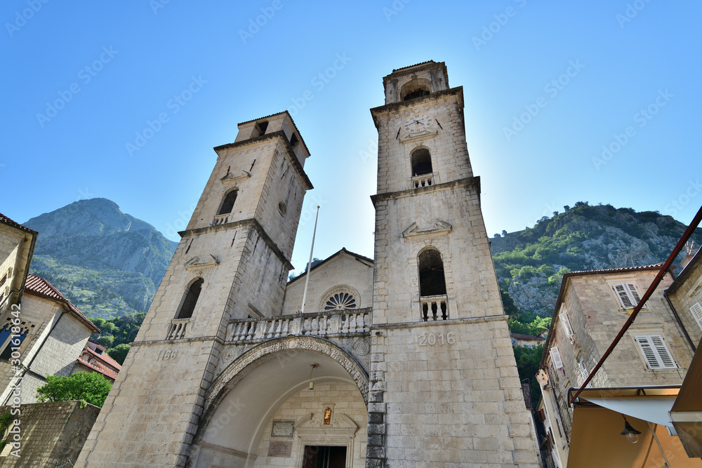 Clock Tower at St. Tryphon Cathedral in Old Town, Kotor, Montenegro