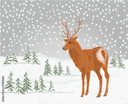 Deer in winter landscape with falling snow festive Christmas background place for text  watercolor vintage vector illustration editable hand draw © zdenat5