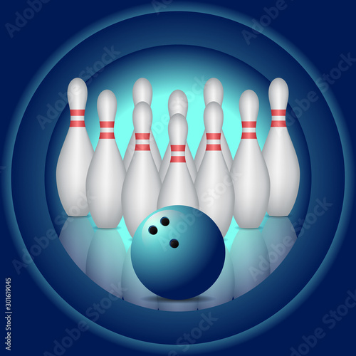 Bowling concept. Blue background with bowling pins reflected from the floor and a blue bowling ball.