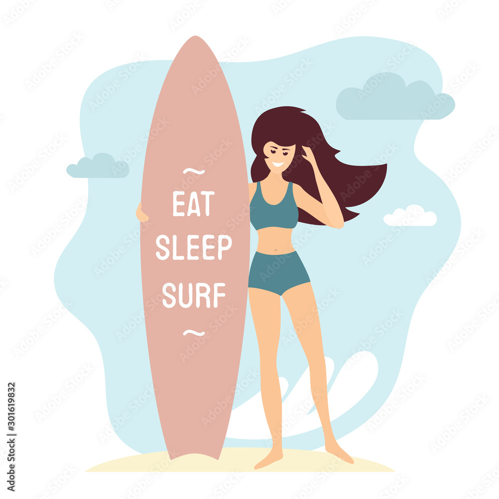 Young woman holding surfboard. Smiling girl surfer in swimwear on the beach of sea or ocean. Wind in hair, waves and quote Eat, sleep, surf. Vector illustration for surf school, banner, print, t-shirt