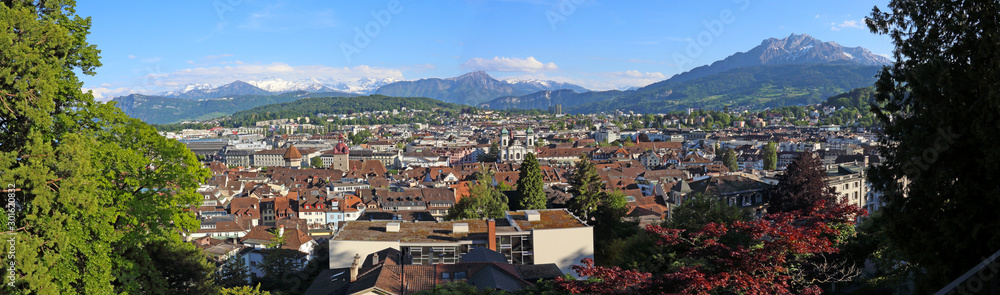 A panoramic view of Lucerne, Switzerland with Mount Pilatus looming on the left.