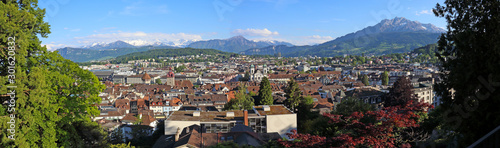 A panoramic view of Lucerne, Switzerland with Mount Pilatus looming on the left.