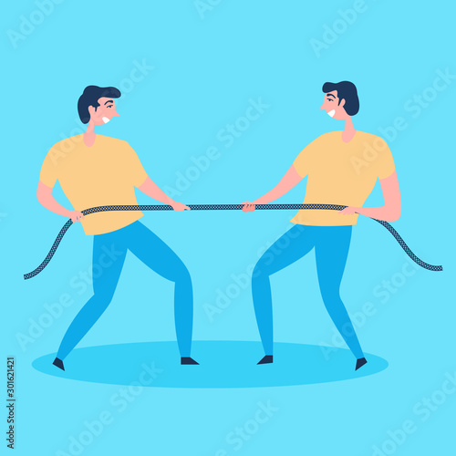 Men make every effort to pull the rope on themselves. Tough competition. Metaphor a lot of willpower. Fight with yourself. Overcome obstacles. Internal self-examination. Vector