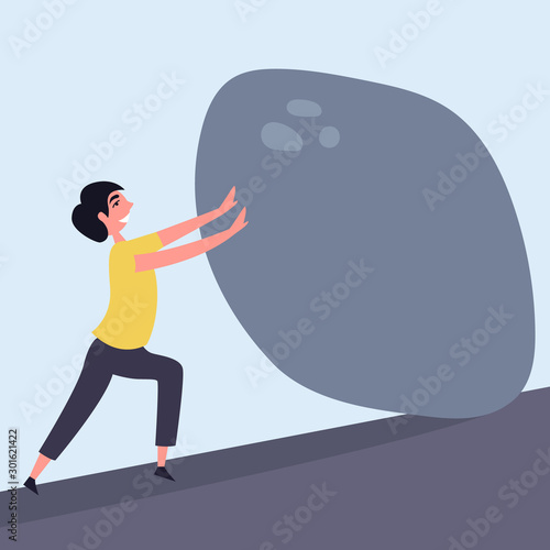 The guy makes every effort to move the heavy stone to the top. Metaphor a lot of willpower. Fight with yourself. Overcome obstacles. Internal self-examination. Vector