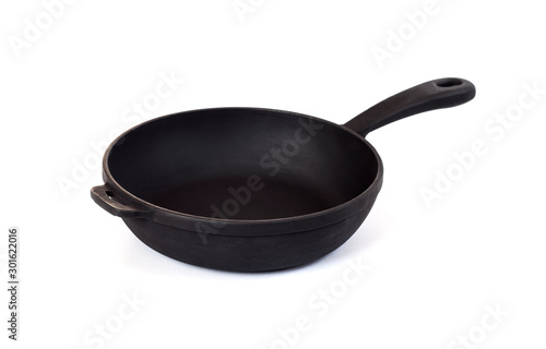 Cast iron pan with handle isolated on white background