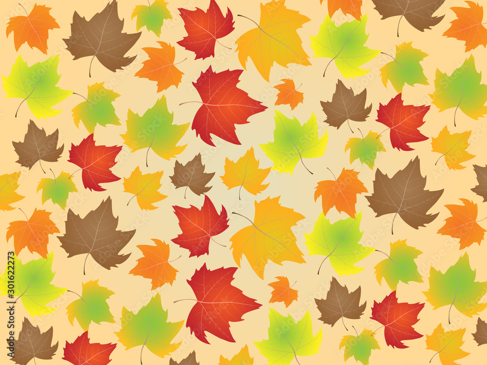 Fototapeta premium Autumn background with colorful maple leaves, leaf fall on a light background. Vector illustration.