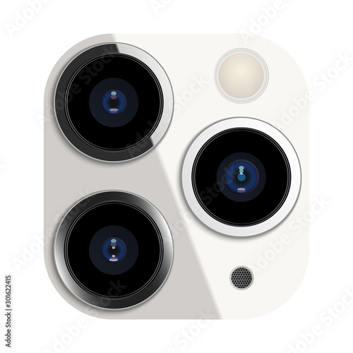 Realistic camera lens on smartphone, vector illustration