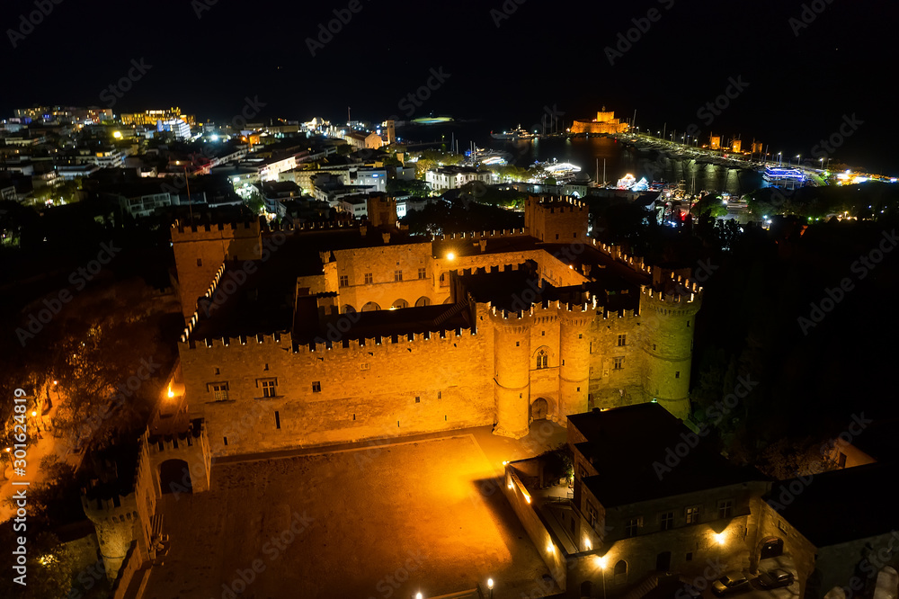 main castle of the masters of the fortress of Rhodes, night, view from drone