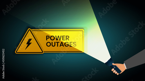 Power outage, warning poster in yellow a triangular icon of electricity and hand with flashlight