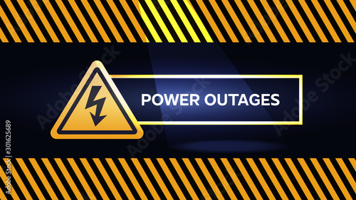 Power outage, warning poster in yellow and black with flashlight and a triangular icon of electricity