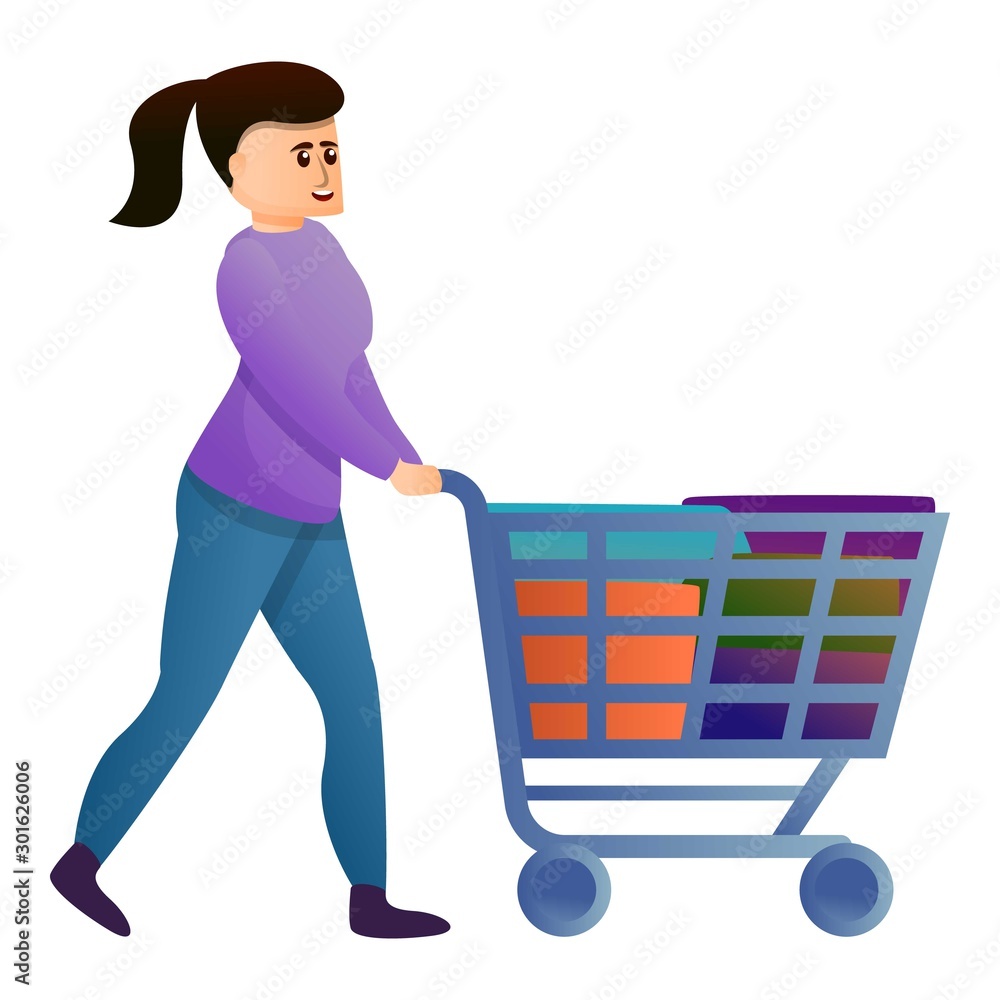 Woman shopping cart icon. Cartoon of woman shopping cart vector icon for web design isolated on white background Woman shopping cart icon. Cartoon of woman shopping cart vector icon for web design isolated on white background