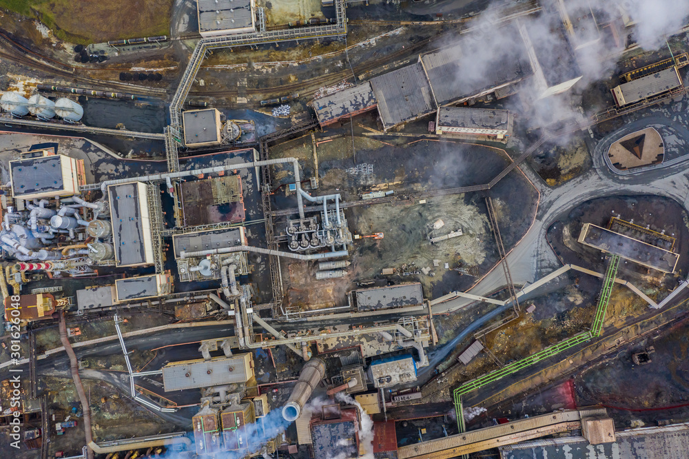 factory industrial view from the bird's eye view from above, the concept of environmental pollution by plant.