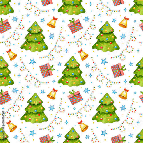 New year's seamless pattern with Christmas tree, stars, gift, bell, garland. Christmas and new year. Watercolor cartoon elements. Symbol 2020. Hand drawn background. Christmas gift. Greeting card