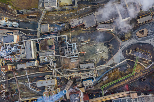 factory industrial view from the bird's eye view from above, the concept of environmental pollution by plant.