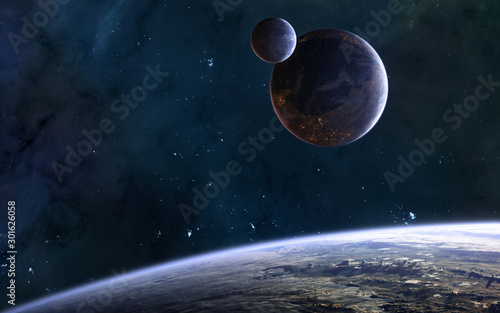 Planets in deep space, beautiful cosmic landscape. Science fiction. Elements of this image furnished by NASA © Aaron Alien