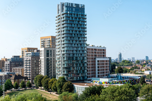 Skyline of London from Lewisham Shopping Centre showing the Renaissance apartment complex in foreground