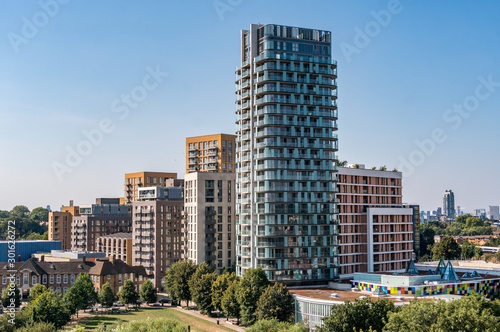 London / United Kingdom - August 26th 2019: Skyline of London from Lewisham Shopping Centre showing the Renaissance apartment complex in foreground
