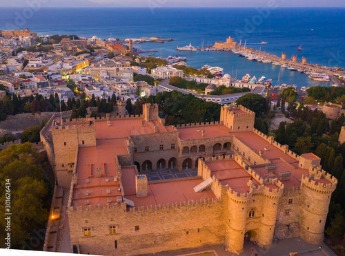 Aerial drone photo of Palace of the Grand Master in Rhodes, Greece. sunset view of the fortress and port