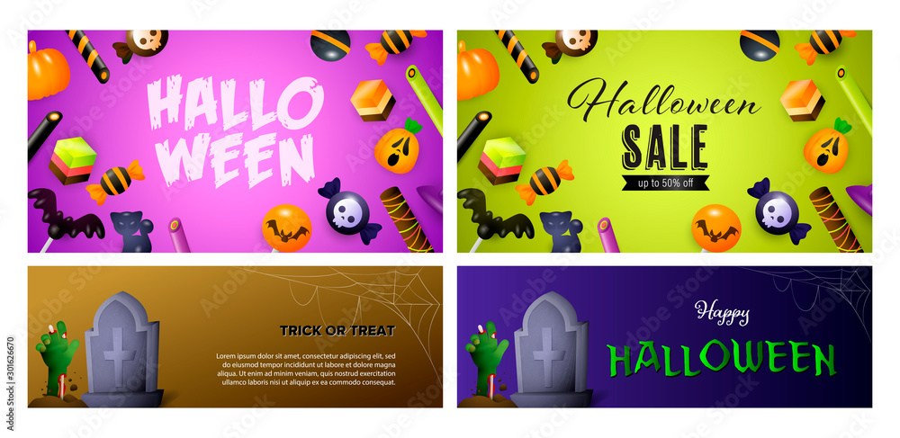 Halloween sale violet, green banner set with candies and graves