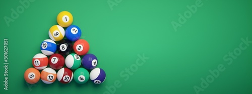 Fotografie Billiard balls placed in the shape of a triangle.