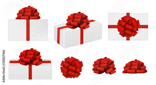 Set of vector realistic red bows and gift boxes. top view, side view, perspective view. EPS 10