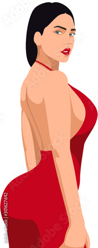 Sexy beautiful girl in red dress with gorgeous fitness body shape standing with naked back and in erotic pose, showing her big tasty booty and breasts
