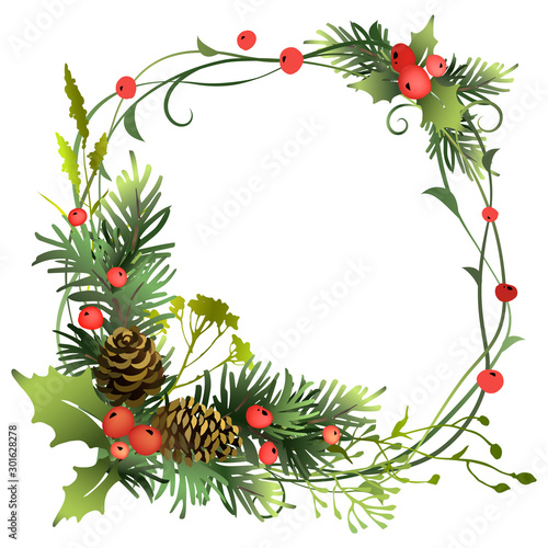 Christmas frame design with fir branches, holly berry and meadow herbs. Vector illustration.