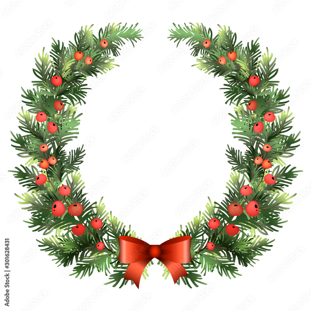 Christmas spruce wreath with red bow and berries. Pine wreath. Fir new year wreath. Decorative element. Vector illustration. Christmas spruce wreath with red bow and berries. Pine wreath. Fir new year wreath. Decorative element. Vector illustration.