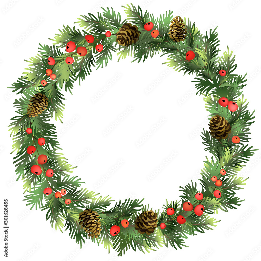 Obraz Christmas spruce wreath with red berries. Pine wreath. Fir new year wreath. Decorative element. Vector illustration.