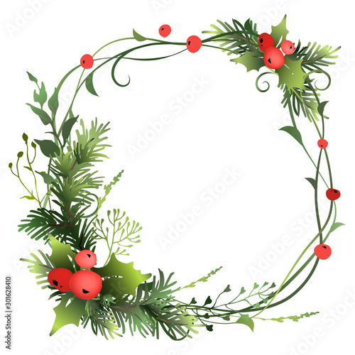 Festive decorative Christmas frame with fir branches, holly berry and meadow herbs. Vector illustration.