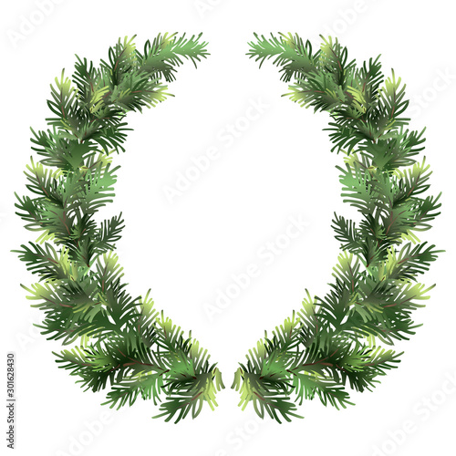 Christmas green spruce wreath. Pine wreath. Fir decorative wreath. Decorative festive  element. Vector illustration.