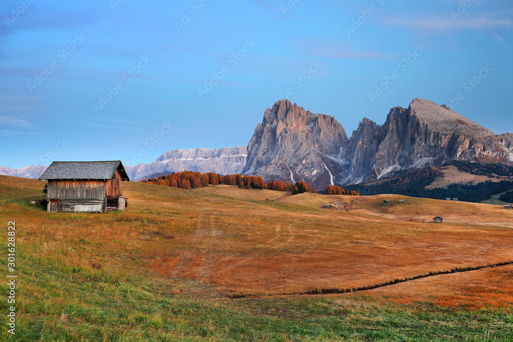 Autumn landscape of Seiser Alm, the largest high-altitude alpine meadow in Europe, Dolomites, Italy