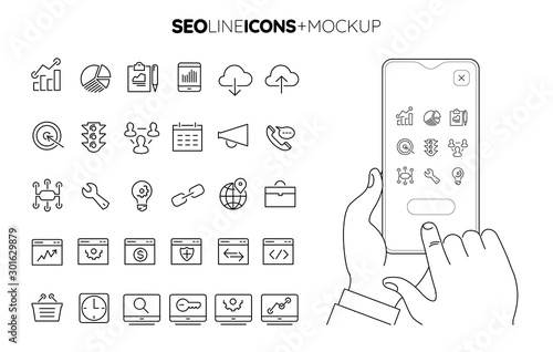 Trendy line SEO icons collection with line hands holding smartphone mockup