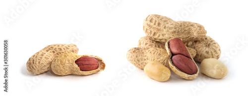 Dried peanuts on the white background.