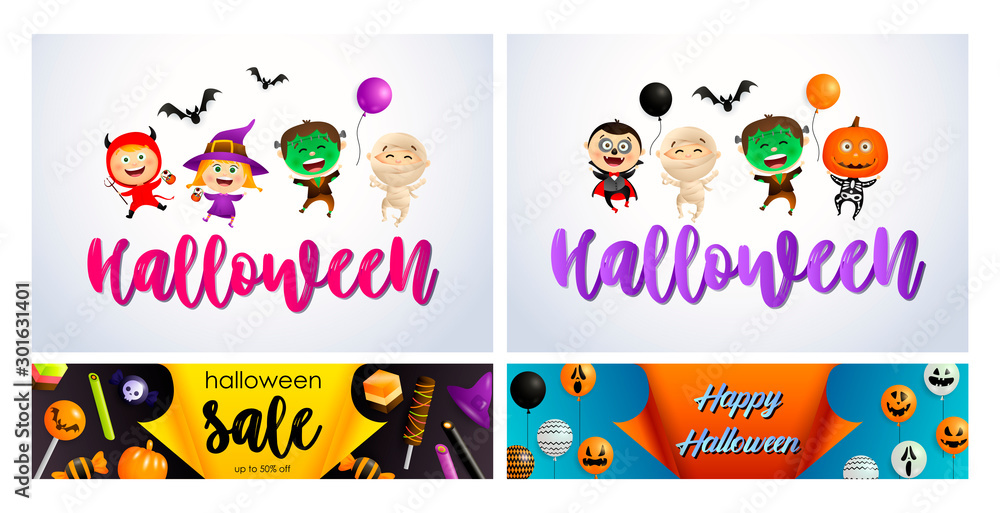 Halloween white, yellow, blue banner set with monsters